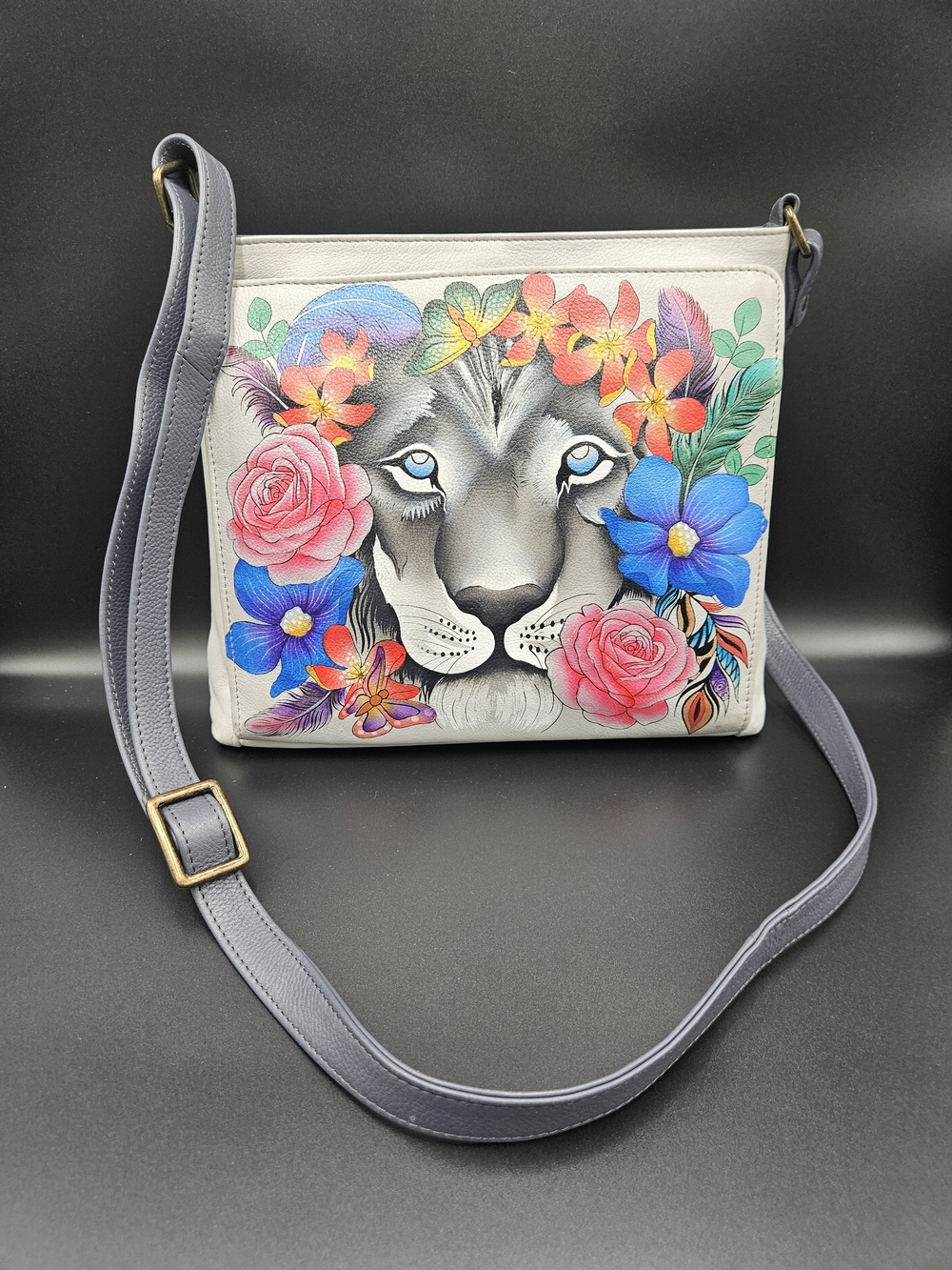 Anuschka Gray Crossbody with Colorful Floral Lion Motif